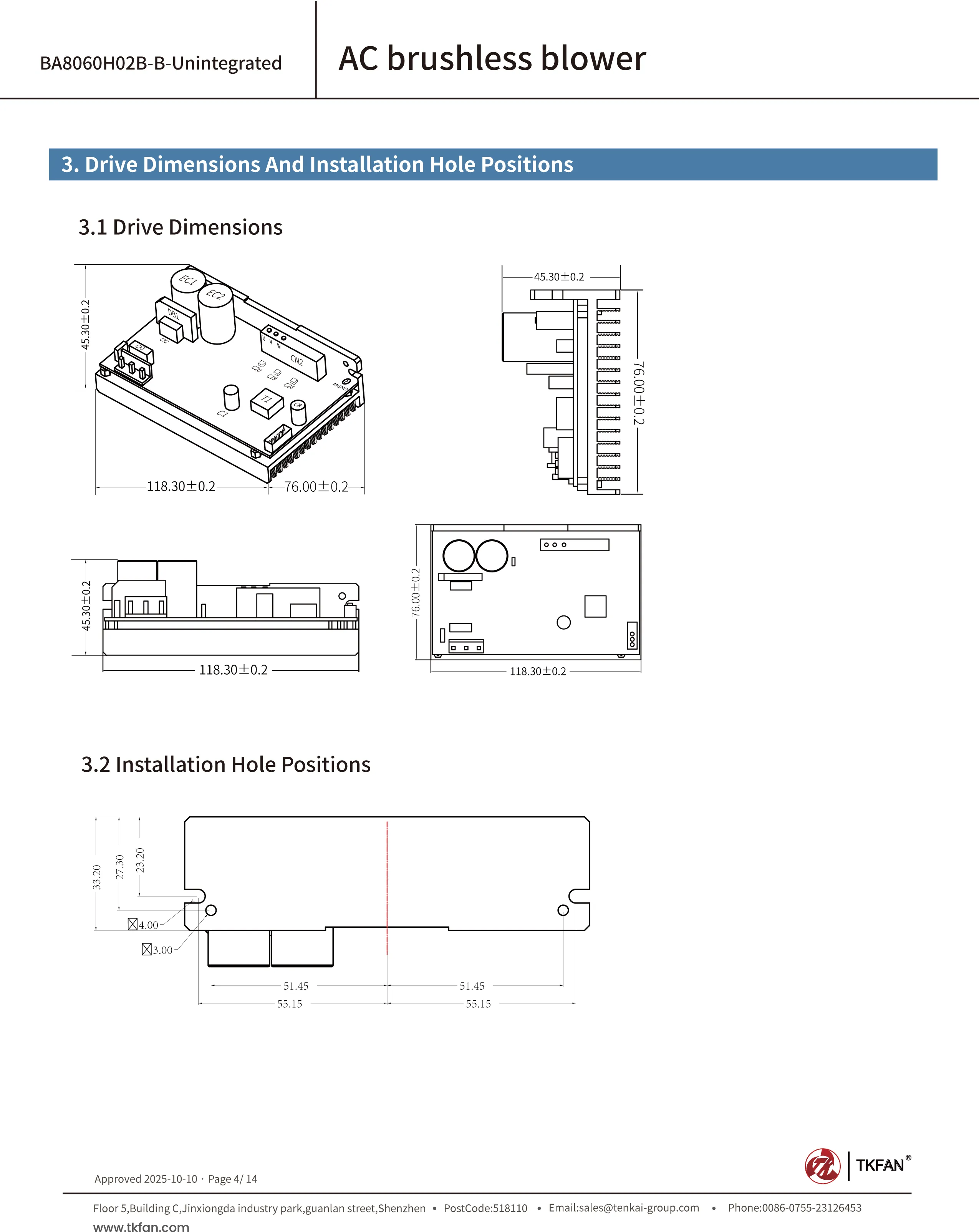 220V Blower BA8060H02B-B (Non-integrated)Drive Dimensions And Installation Hole Positions
